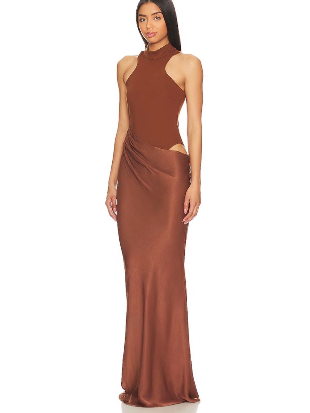 Camila Coelho One-Shoulder Brown Satin Evening Gown bodysuit dress - Picture 2 of 5